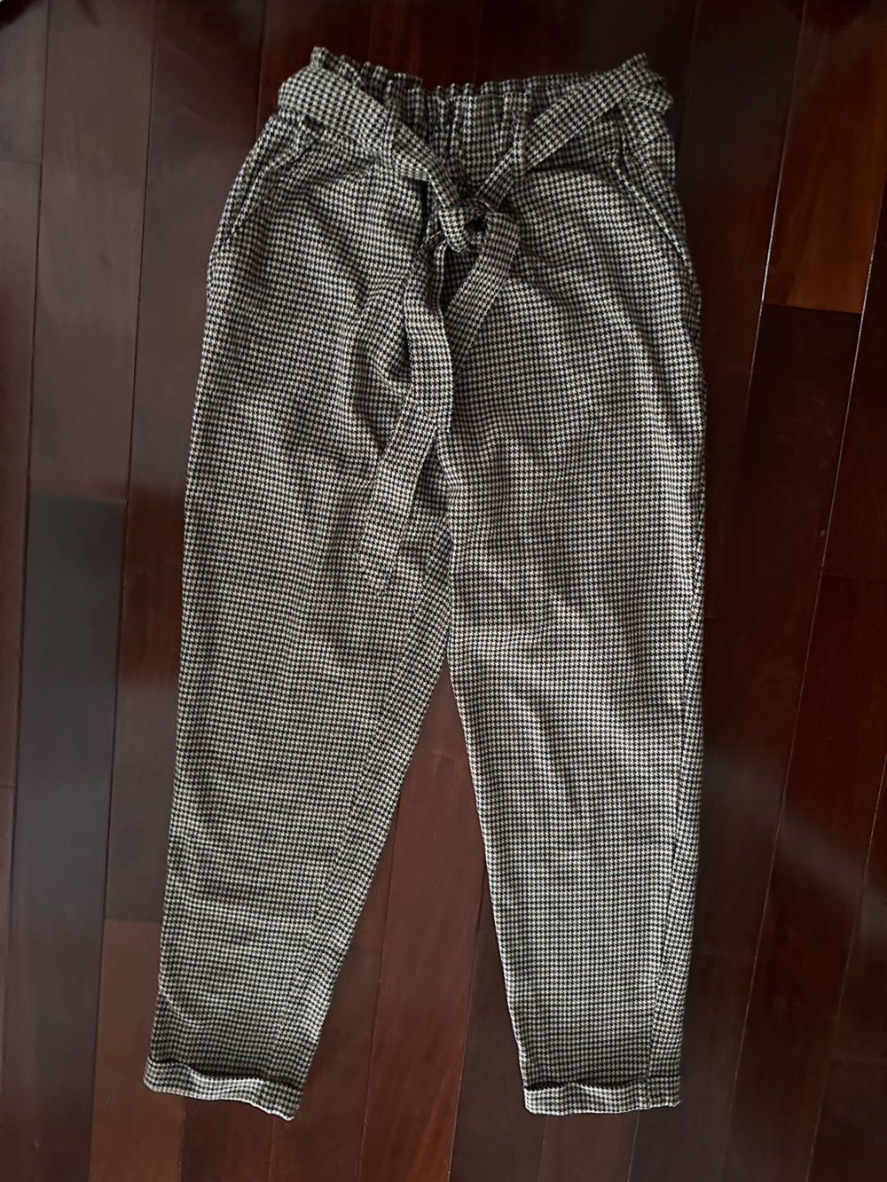 SO High-Rise Tie-Waist Belt Loops Brown Black Beige Houndstooth Trousers Size M